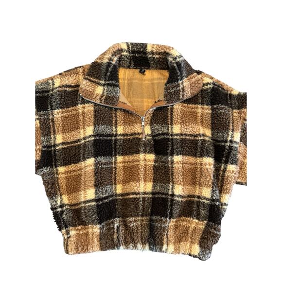 ZAFUL Plaid Teddy Zip Jacket Sherpa Fleece Brown Beige Crop Coat SZ 6 Medium - Picture 7 of 10